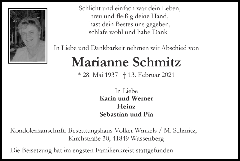  Traueranzeige für Marianne Schmitz vom 28.02.2021 aus Zeitung am Sonntag