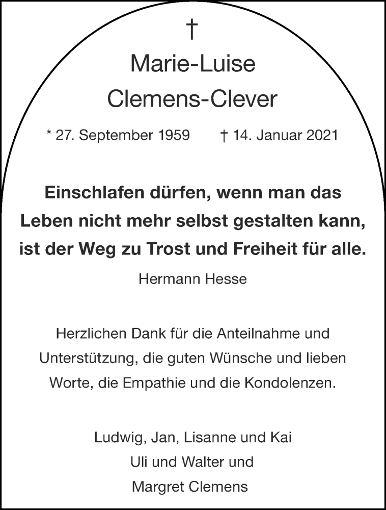  Traueranzeige für Marie-Luise Clemens-Clever vom 27.02.2021 aus Aachener Zeitung / Aachener Nachrichten