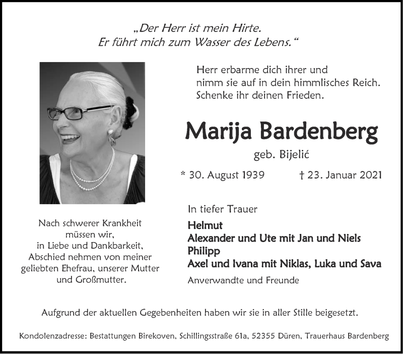  Traueranzeige für Marija Bardenberg vom 07.02.2021 aus Zeitung am Sonntag