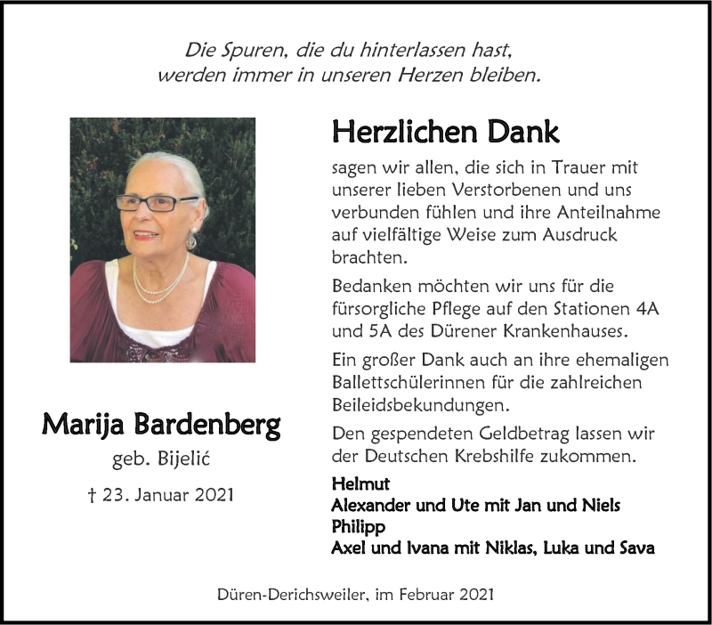  Traueranzeige für Marija Bardenberg vom 28.02.2021 aus Zeitung am Sonntag