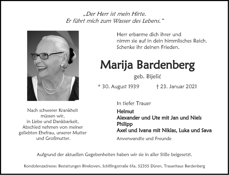  Traueranzeige für Marija Bardenberg vom 06.02.2021 aus Aachener Zeitung / Aachener Nachrichten