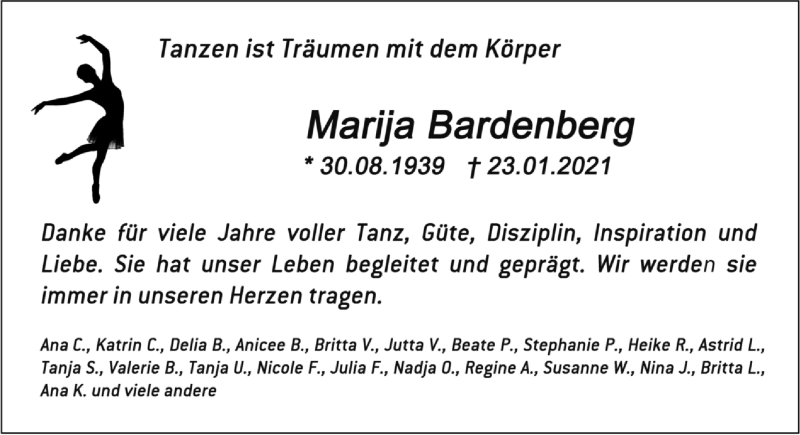  Traueranzeige für Marija Bardenberg vom 21.02.2021 aus Zeitung am Sonntag