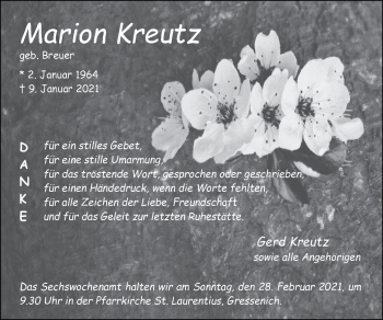 Traueranzeige von Marion Kreutz von Zeitung am Sonntag
