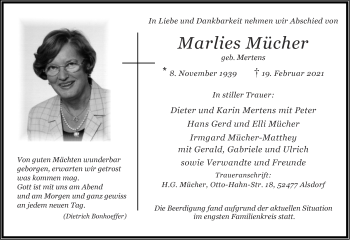 Traueranzeige von Marlies Mücher von Zeitung am Sonntag