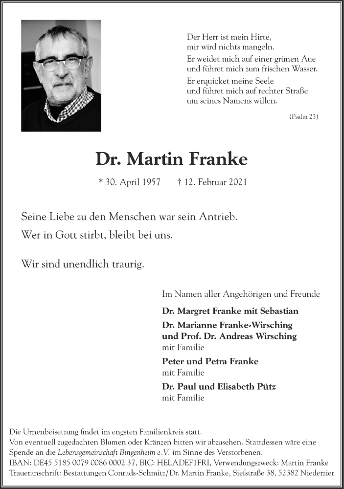  Traueranzeige für Martin Franke vom 21.02.2021 aus Zeitung am Sonntag