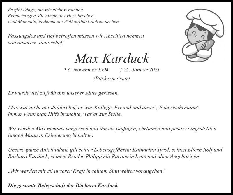  Traueranzeige für Max Karduck vom 07.02.2021 aus Zeitung am Sonntag