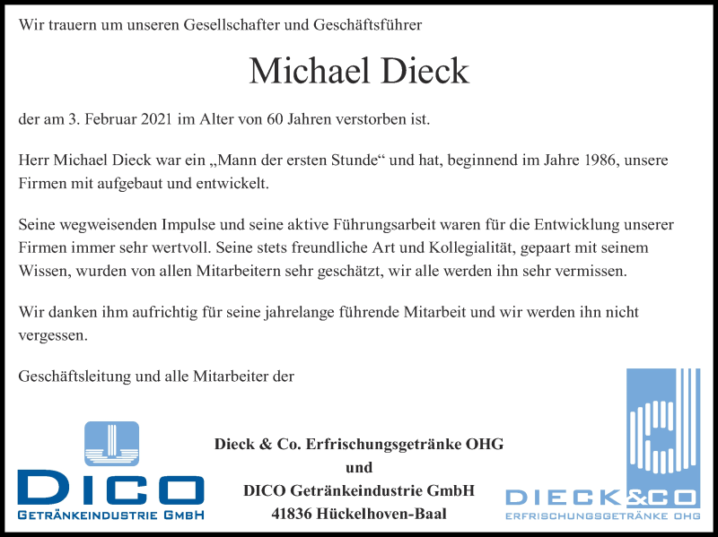  Traueranzeige für Michael Dieck vom 07.02.2021 aus Zeitung am Sonntag
