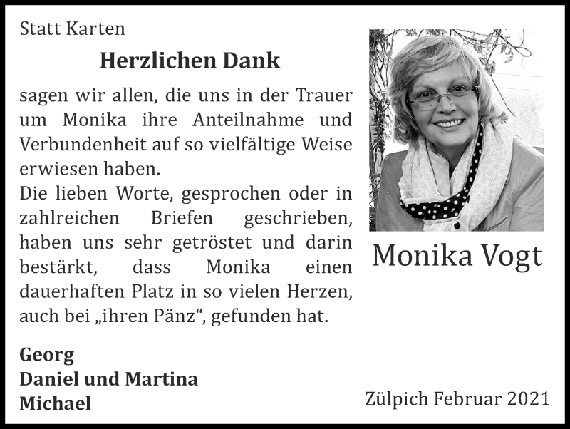  Traueranzeige für Monika Vogt vom 21.02.2021 aus Zeitung am Sonntag