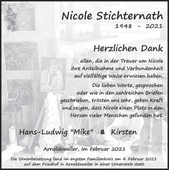 Traueranzeige von Nicole Stichternath von Zeitung am Sonntag