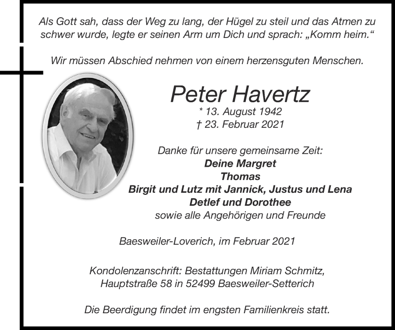  Traueranzeige für Peter Havertz vom 28.02.2021 aus Zeitung am Sonntag