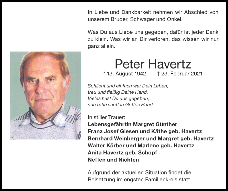  Traueranzeige für Peter Havertz vom 28.02.2021 aus Zeitung am Sonntag