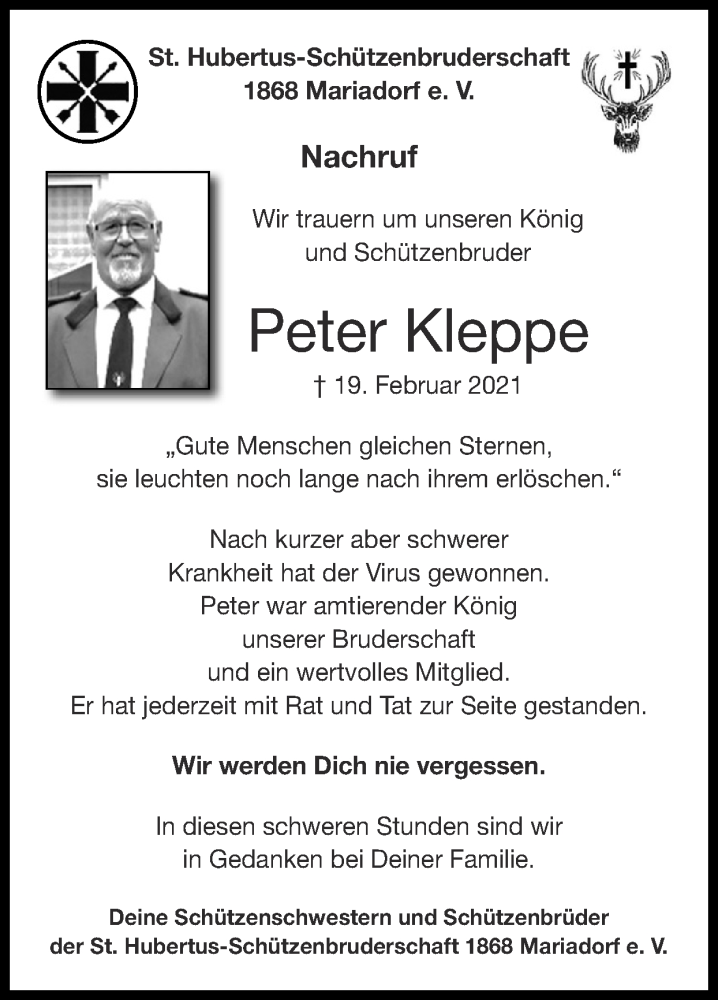  Traueranzeige für Peter Kleppe vom 28.02.2021 aus Zeitung am Sonntag