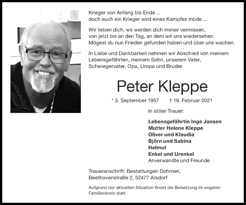  Traueranzeige für Peter Kleppe vom 28.02.2021 aus Zeitung am Sonntag