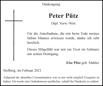 Traueranzeige von Peter Pütz von Zeitung am Sonntag