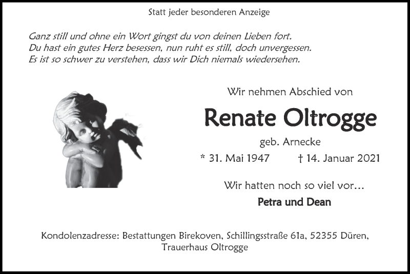  Traueranzeige für Renate Oltrogge vom 28.02.2021 aus Zeitung am Sonntag