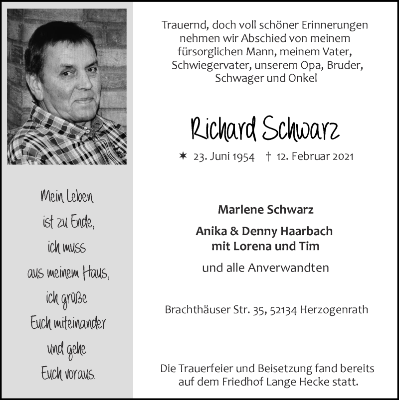 Traueranzeige für Richard Schwarz vom 21.02.2021 aus Zeitung am Sonntag