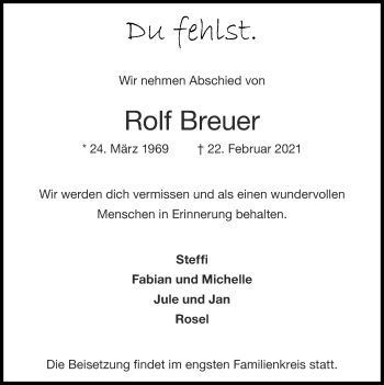 Traueranzeige von Rolf Breuer von Zeitung am Sonntag
