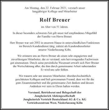Traueranzeige von Rolf Breuer von Zeitung am Sonntag