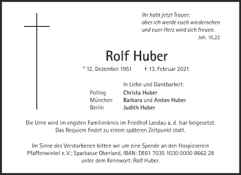 Traueranzeige von Rolf Huber von Zeitung am Sonntag