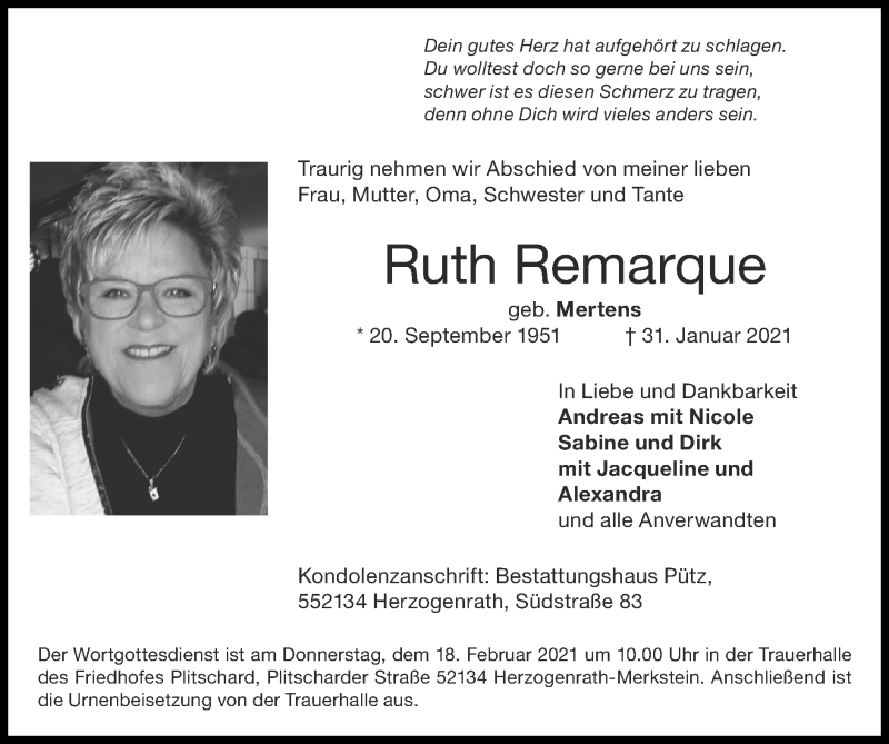  Traueranzeige für Ruth Remarque vom 14.02.2021 aus Zeitung am Sonntag