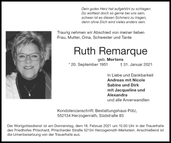 Traueranzeige von Ruth Remarque von Zeitung am Sonntag