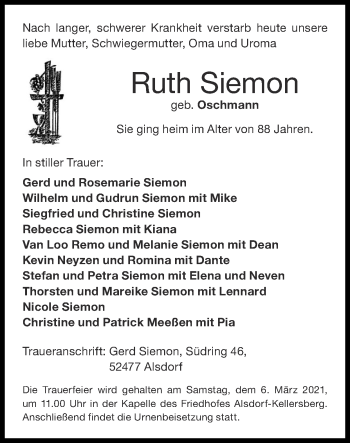 Traueranzeige von Ruth Siemon von Zeitung am Sonntag