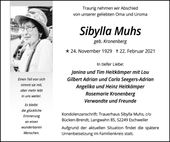 Traueranzeige von Sibylla Muhs von Zeitung am Sonntag