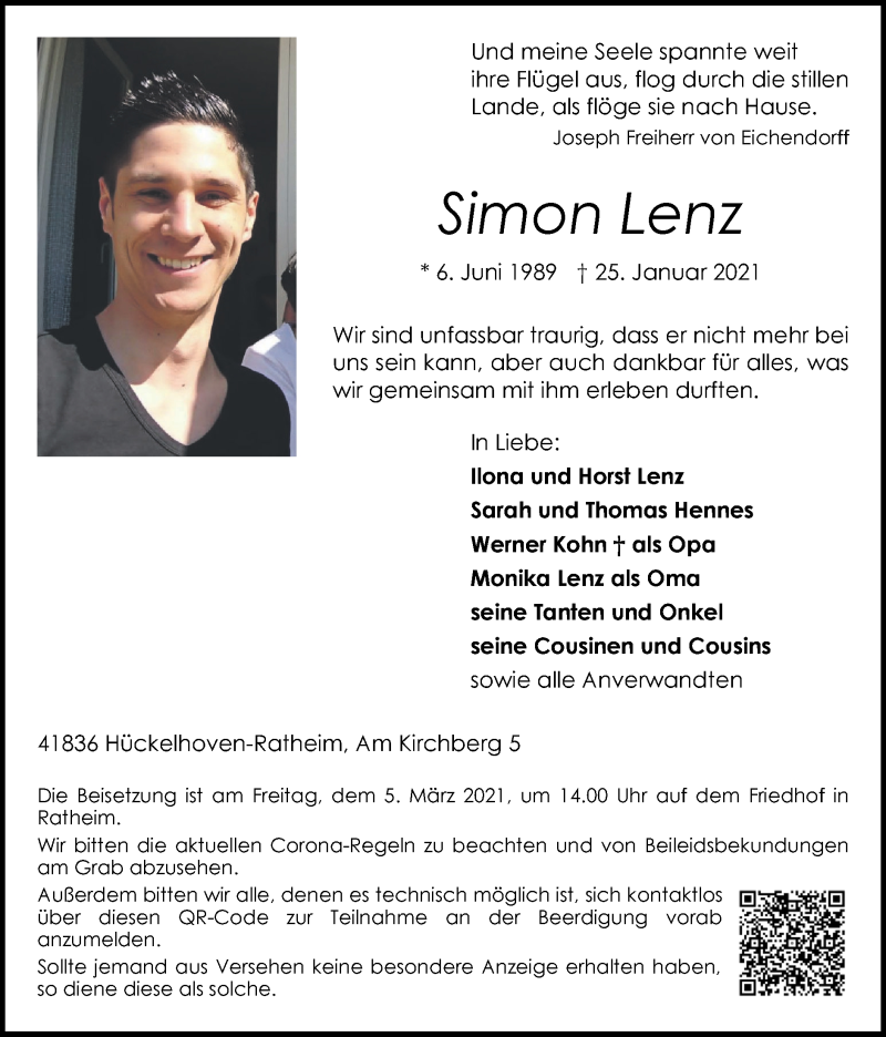  Traueranzeige für Simon Lenz vom 28.02.2021 aus Zeitung am Sonntag