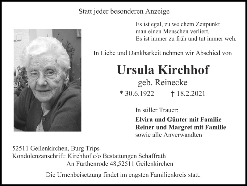  Traueranzeige für Ursula Kirchhof vom 28.02.2021 aus Zeitung am Sonntag