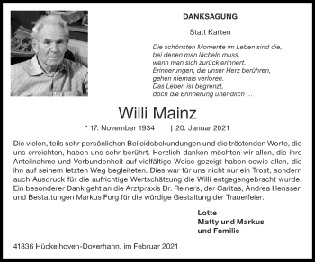 Traueranzeige von Willi Mainz von Zeitung am Sonntag