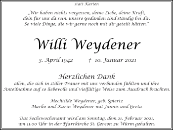 Traueranzeige von Willi Weydener von Zeitung am Sonntag