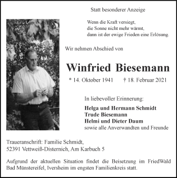 Traueranzeige von Winfried Biesemann von Zeitung am Sonntag