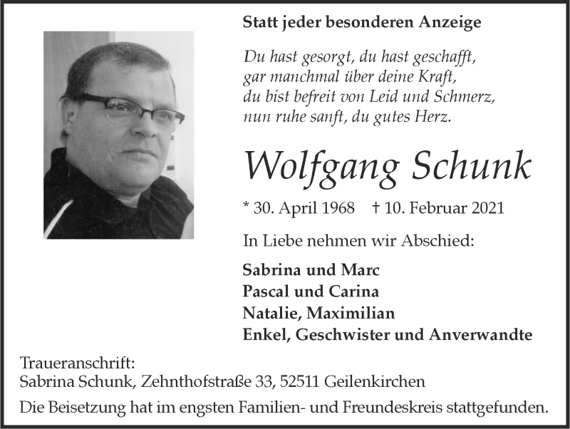  Traueranzeige für Wolfgang Schunk vom 21.02.2021 aus Zeitung am Sonntag
