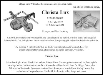 Traueranzeige von Christa Lux von aachen-gedenkt.de