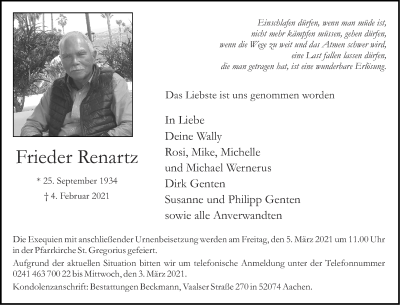  Traueranzeige für Frieder Renartz vom 27.02.2021 aus Aachener Zeitung / Aachener Nachrichten