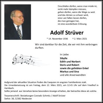Traueranzeige von Adolf Strüver von Zeitung am Sonntag