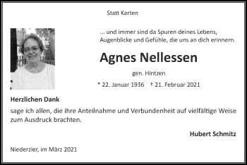 Traueranzeige von Agnes Nellessen von Zeitung am Sonntag