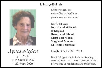Traueranzeige von Agnes Nießen von Zeitung am Sonntag