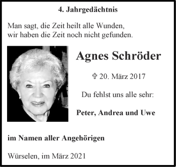 Traueranzeige von Agnes Schröder von Zeitung am Sonntag