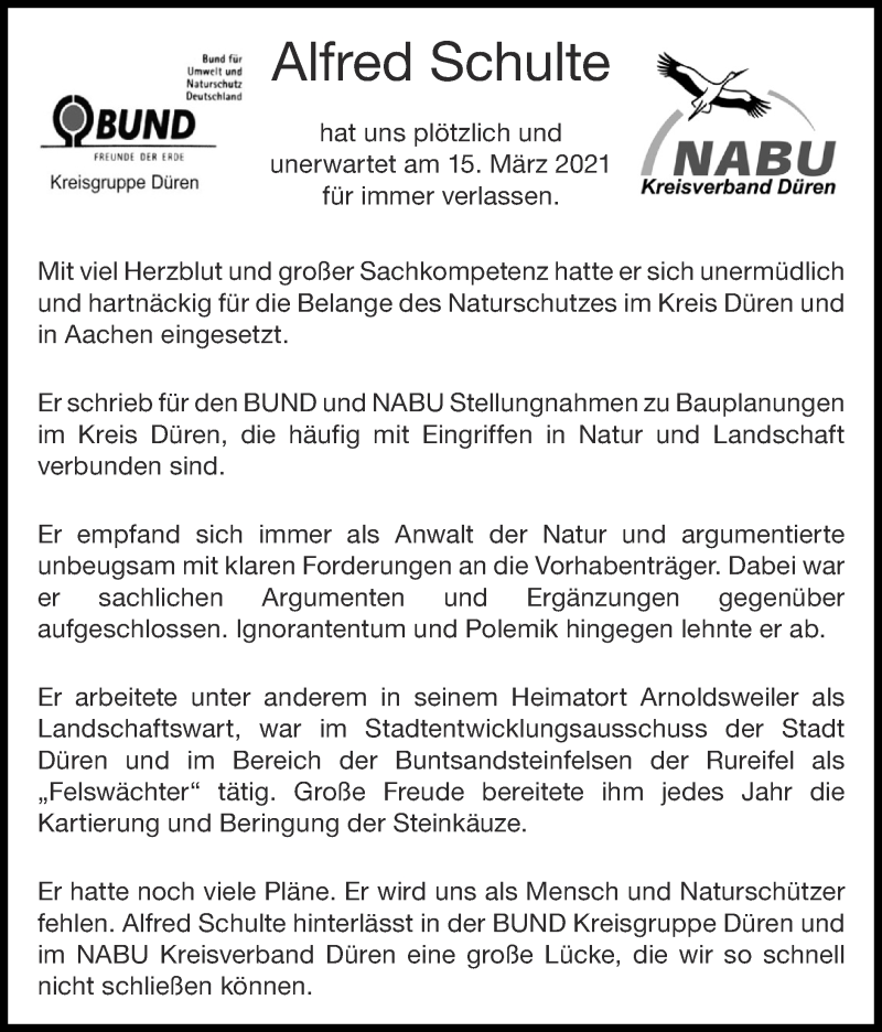  Traueranzeige für Alfred Schulte vom 28.03.2021 aus Zeitung am Sonntag
