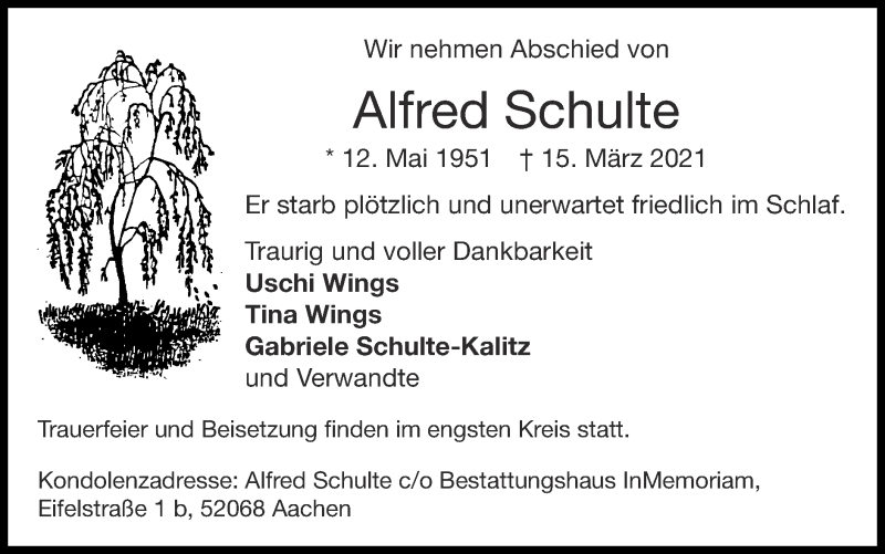  Traueranzeige für Alfred Schulte vom 21.03.2021 aus Zeitung am Sonntag
