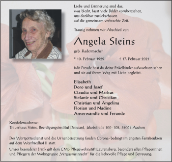 Traueranzeige von Angela Steins von Aachener Zeitung / Aachener Nachrichten