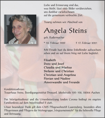 Traueranzeige von Angela Steins von Zeitung am Sonntag