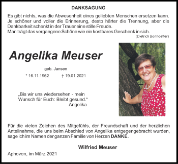 Traueranzeige von Angelika Meuser von Zeitung am Sonntag
