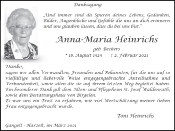 Traueranzeige von Anna-Maria Heinrichs von Zeitung am Sonntag