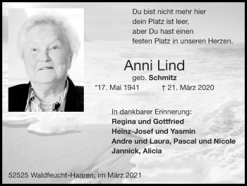 Traueranzeige von Anni Lind von Zeitung am Sonntag