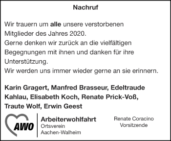 Traueranzeige von Arbeiterwohlfahrt Ortsverein Aachen-Walheim trauert um von Aachener Zeitung / Aachener Nachrichten