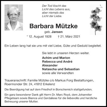Traueranzeige von Barbara Mützke von Zeitung am Sonntag
