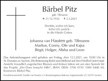 Traueranzeige von Bärbel Pitz von Zeitung am Sonntag
