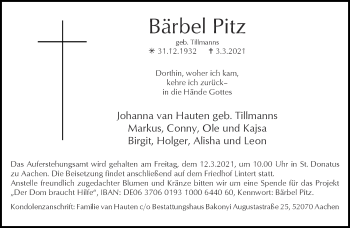 Traueranzeige von Bärbel Pitz von Aachener Zeitung / Aachener Nachrichten